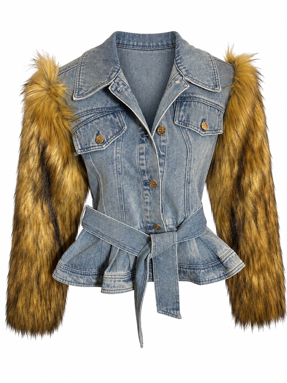 Azalea Wang Fur Sleeve Denim Peplum Jacket